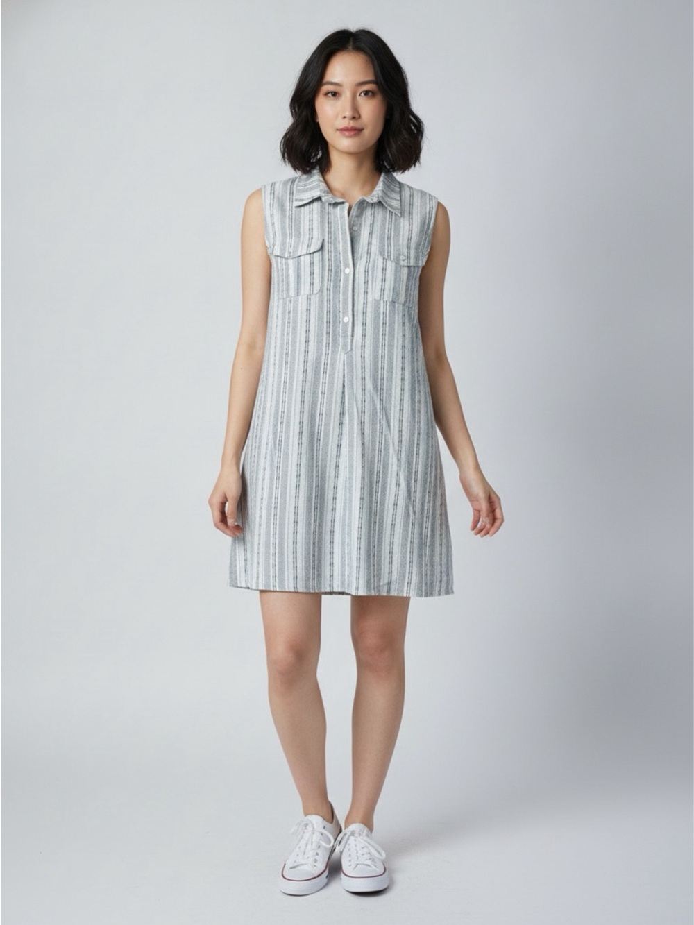 Sleeveless Striped Shirt Dress in Light Gray and White